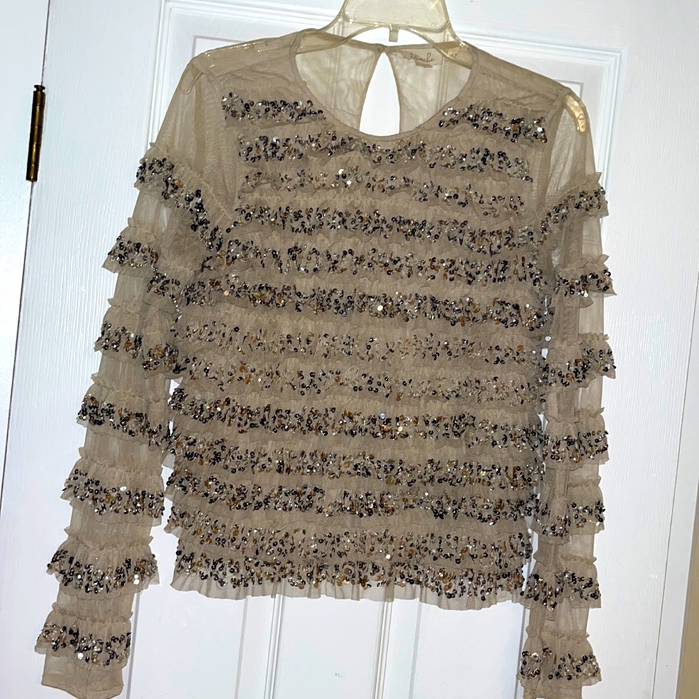 Anthropologie beige sequence and sheer shirt size small
